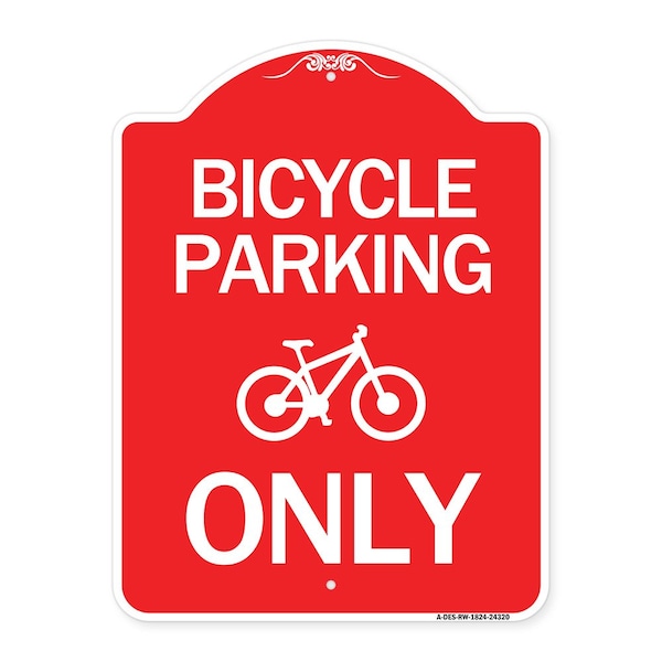 Bicycle Parking Only With Graphic, Red & White Aluminum Architectural Sign, 18" x 24", RW-1824-24320